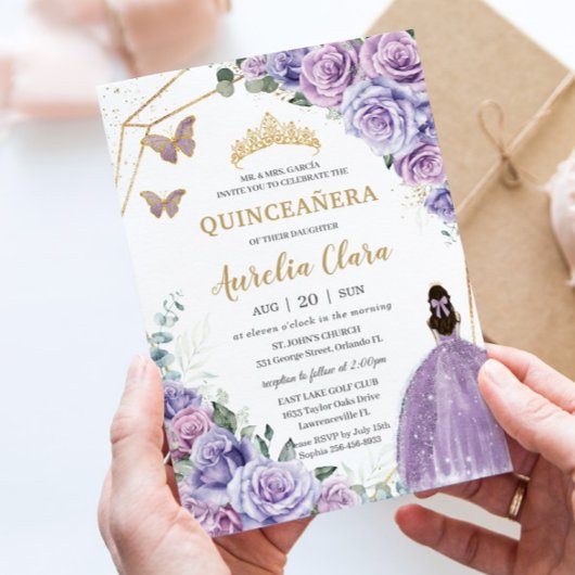 Invitation Quinceañera Purple Lavender Lilac Floral Princesse