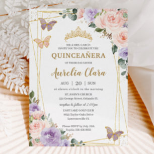 Invitation Quinceañera Purple Lilac Blush Floral Papillons