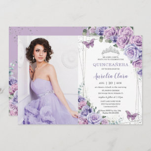 Invitation Quinceañera Purple Lilac Floral Papillons Argent