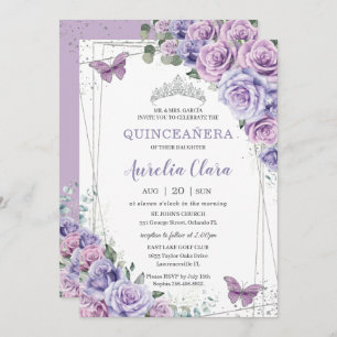 Invitation Quinceañera Purple Lilac Floral Papillons Argent