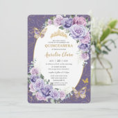 Invitation Quinceañera Purple Lilac Floral Papillons Or (Debout devant)