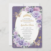 Invitation Quinceañera Purple Lilac Floral Papillons Or (Devant)