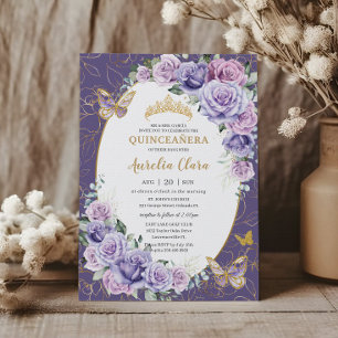 Invitation Quinceañera Purple Lilac Floral Papillons Or