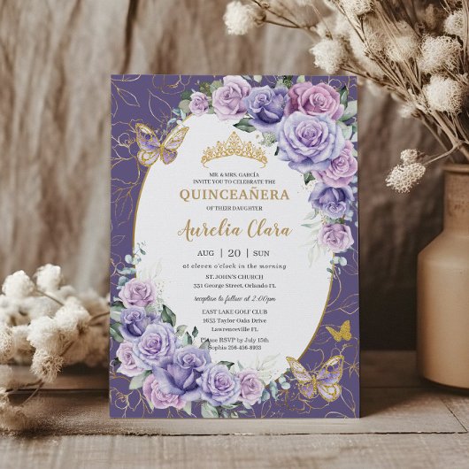 Invitation Quinceañera Purple Lilac Floral Papillons Or