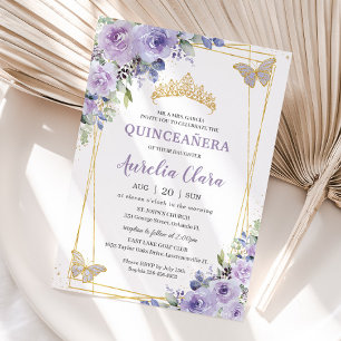 Invitation Quinceañera Purple Lilac Floral Papillons Tiara