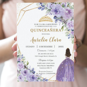 Invitation Quinceañera Purple Lilac Floral Princess Espagnol