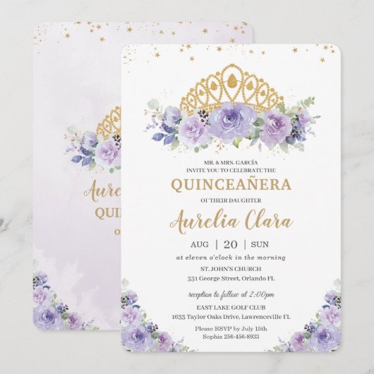 Invitation Quinceañera Purple Lilac Floral Princesse Tiara (Devant / Derrière)