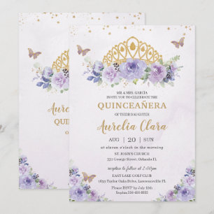 Invitation Quinceañera Purple Lilac Floral Tiara Papillons