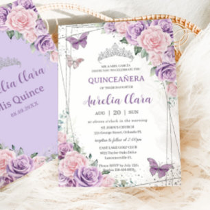 Invitation Quinceañera Purple Lilac Pink Floral Papillons