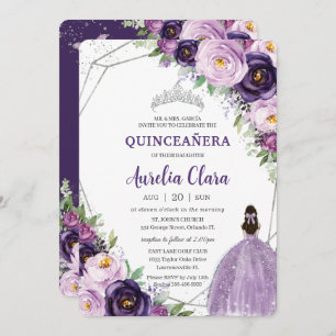 Invitation Quinceañera Purple Lilac Plum Floral Argent Robe
