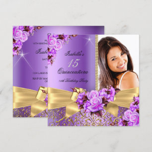 Invitation Quinceanera Purple Photo Gold Rose 15e anniversair