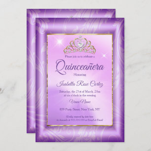 Invitation Quinceanera Purple photo Gold Tiara parti