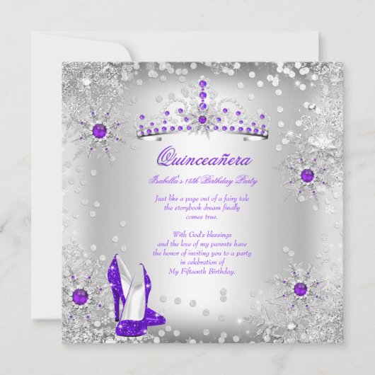 Invitation Quinceanera Purple Silver Winter Wonderland (Devant)