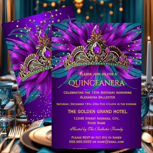 Invitation Quinceanera Purple Teal Blue Tiara Birthday Party