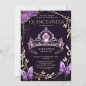 Invitation Quinceañera Purple Tiara Floral Butterfly Élégant (Devant)
