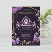 Invitation Quinceañera Purple Tiara Floral Butterfly Élégant (Debout devant)