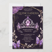 Invitation Quinceañera Purple Tiara Floral Papillon espagnol (Devant)
