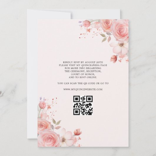 Invitation Quinceañera QR Code Rose rose pâle Floral (Dos)