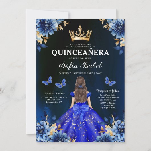 Invitation Quinceanera QR Code Royal Blue Butterfly Princess (Devant)
