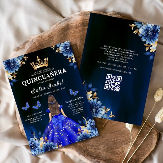 Invitation Quinceanera QR Code Royal Blue Butterfly Princess