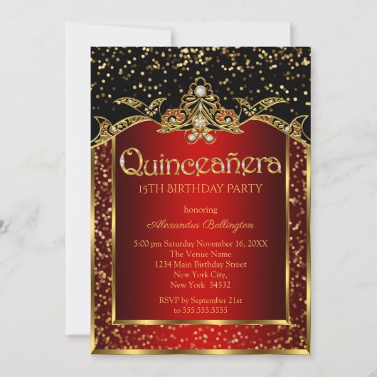 Invitation Quinceanera Red Gold Black fête d'anniversaire (Devant)