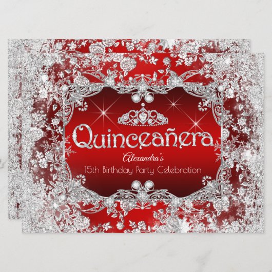Invitation Quinceanera Red Silver Tiara Winter Wonderland (Devant / Derrière)