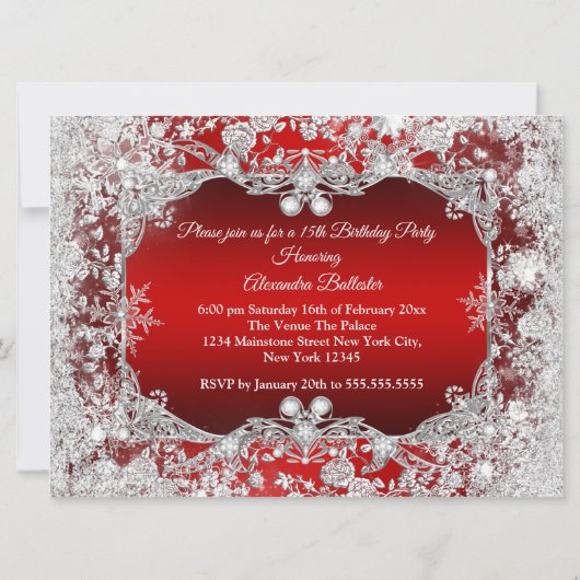 Invitation Quinceanera Red Silver Tiara Winter Wonderland (Dos)
