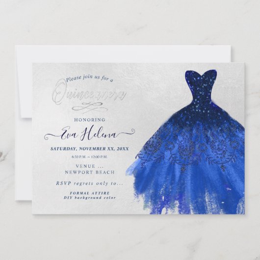 Invitation Quinceañera, Robe à paillettes, Bleu marine (Devant)