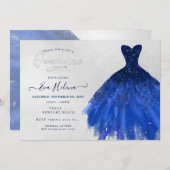 Invitation Quinceañera, Robe à paillettes, Bleu marine (Devant / Derrière)
