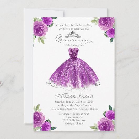 Invitation Quinceañera Robe Bilingue Fardée Violet (Devant)