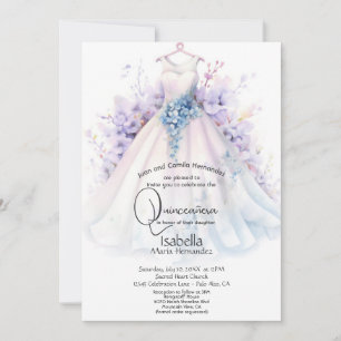 Invitation Quinceañera Robe Blanche Fleurs Violettes et Ble