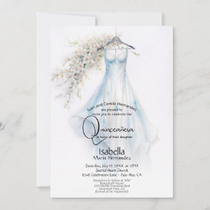 Invitation Quinceañera Robe bleu pâle Fleurs blanches