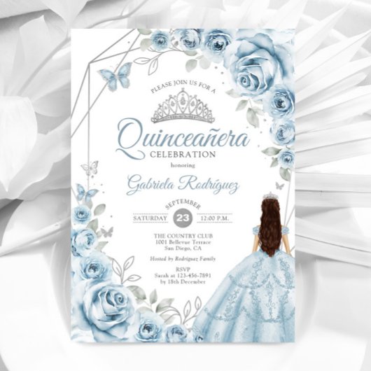 Invitation Quinceanera Robe Bleue Bleue Robe Argent Floral