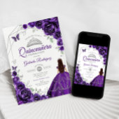 Invitation Quinceanera Robe d'argent violet Floral