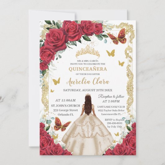 Invitation Quinceañera Robe de Champagne Rouge Floral Princes (Devant)