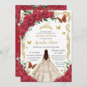 Invitation Quinceañera Robe de Champagne Rouge Floral Princes (Devant / Derrière)