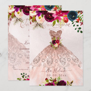 Invitation Quinceañera, robe de fleurs bohème scintillante ro