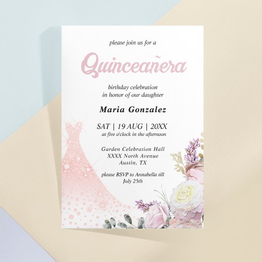 Invitation Quinceañera Robe Fleurie Rose et Robe