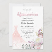 Invitation Quinceañera Robe Fleurie Rose et Robe (Devant)