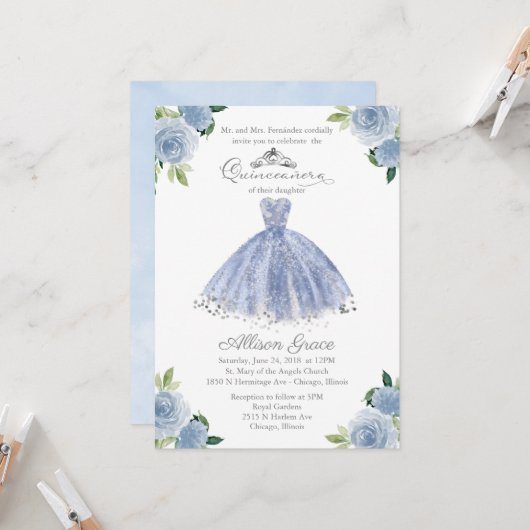 Invitation Quinceanera Robe Florale Bleue Argentée (Devant/Arrière en situation)
