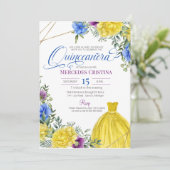 Invitation Quinceañera Robe jaune fleurs vives (Debout devant)