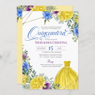 Invitation Quinceañera Robe jaune fleurs vives