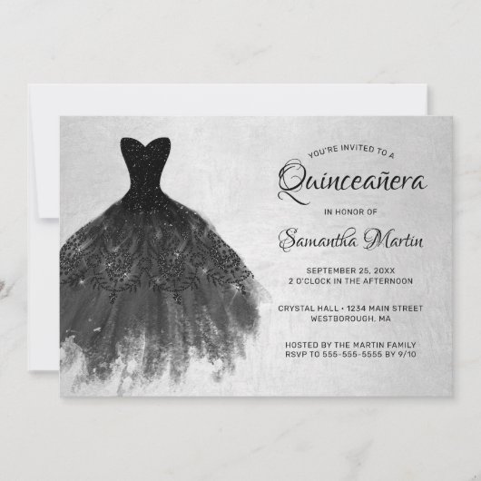 Invitation Quinceanera robe noire chic sur Silver Party Invit (Devant)