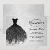 Invitation Quinceanera robe noire chic sur Silver Party Invit (Devant / Derrière)