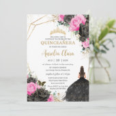 Invitation Quinceañera Robe noire Fuchsia Floral Princesse (Debout devant)