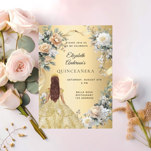Invitation Quinceanera robe or fleurons jaunes