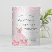 Invitation Quinceanera robe rose argent poussière de parties  (Debout devant)