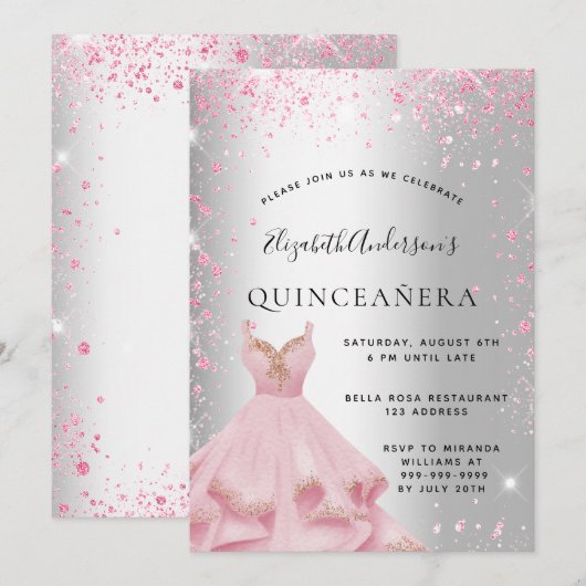 Invitation Quinceanera robe rose argent poussière de parties (Devant / Derrière)
