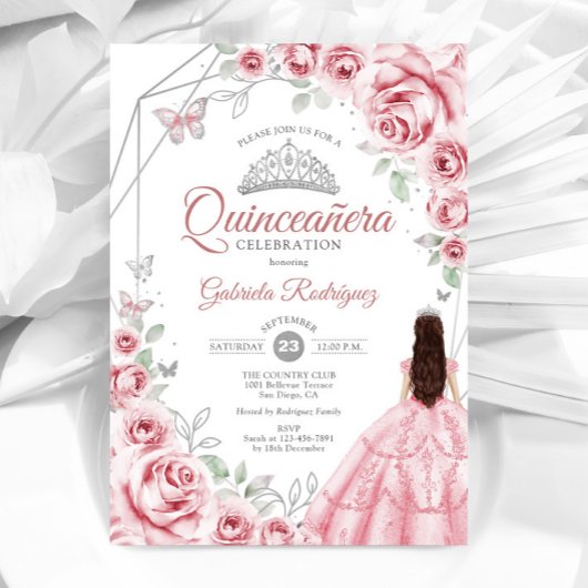 Invitation Quinceanera Robe Rose Argent Robe Florale