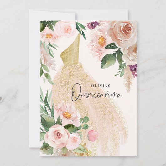 Invitation Quinceañera Robe rose girly robe florale anniversa (Devant)